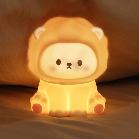 Cute Lion Night Light for Kids, Rechargeable Nursery Lamp with Timer, 3 Brightness Levels & Warm Light, Soft Silicone Baby Night Light, Tap Control, Gift for Toddlers - Bloomnest