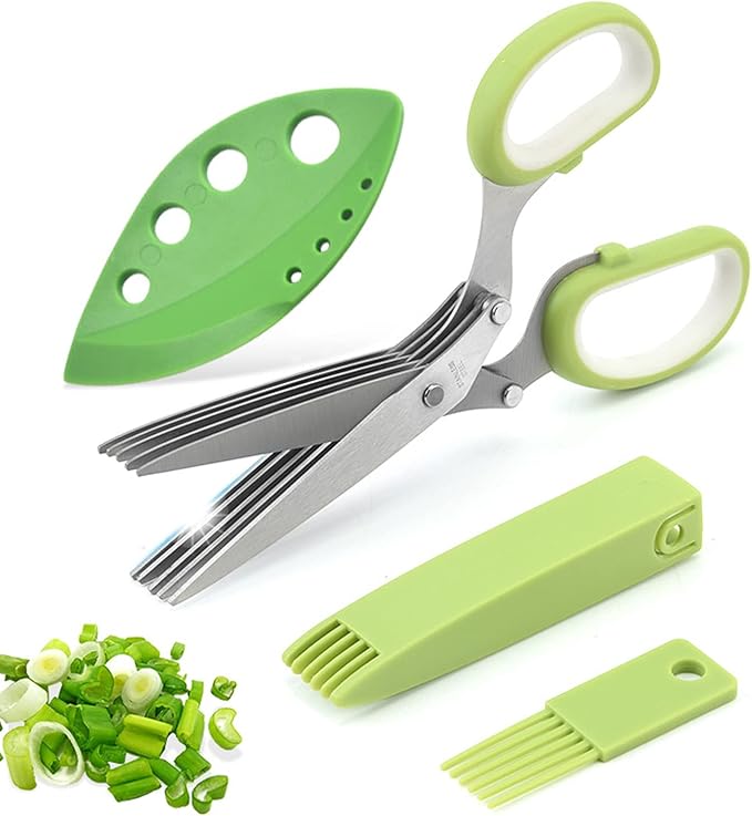 Herb Scissors Set,Multipurpose 5 Blade Kitchen Herb Cutter with Safety Cover and Cleaning Comb for Cutting Shredded Lettuce, Cilantro Fresh, Green Onion Fresh and etc. - Bloomnest