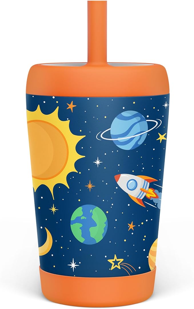 Kid Insulated Stainless Steel Tumbler with Silicone Straw, 12oz Sippy Cup for Kids (Outer Space) - Bloomnest