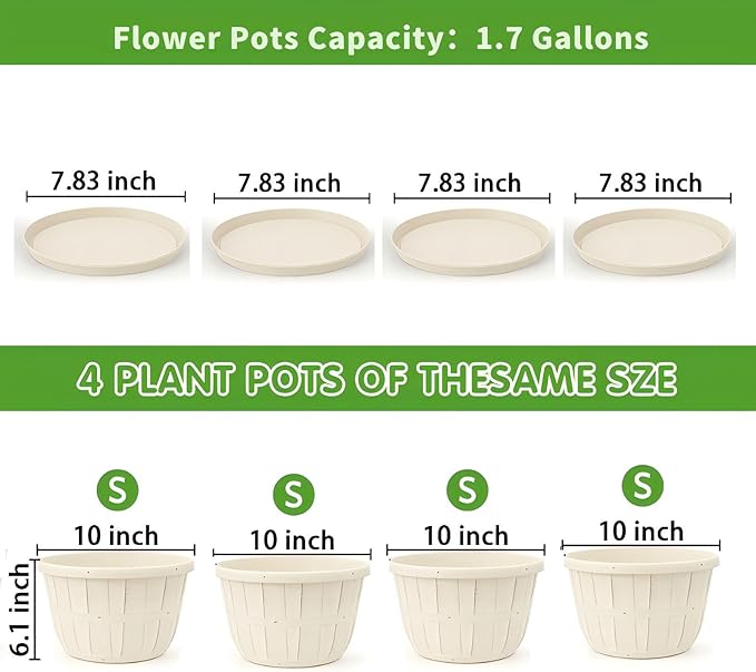 Quarut 10 inch Plastic Flower Pots for Indoor Plants，4 Pack Large Outdoor Planter Pot with Drainage Holes & Saucers，Imitation Wine Barrel Design，for Indoor Outdoor Garden Plants（White） - Bloomnest