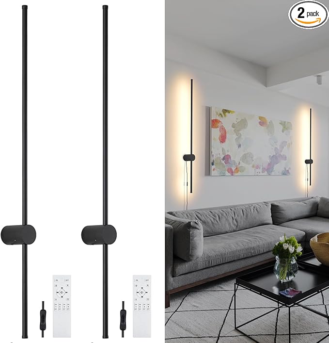 Dimmable Plug in Wall Sconce Set of 2,Black 39.37" LED Wall Light with Remote,Adjustable Color Temperature Brightness,Wall lamp with Timer for Living Room,Bedroom and Accent Lighting - Bloomnest