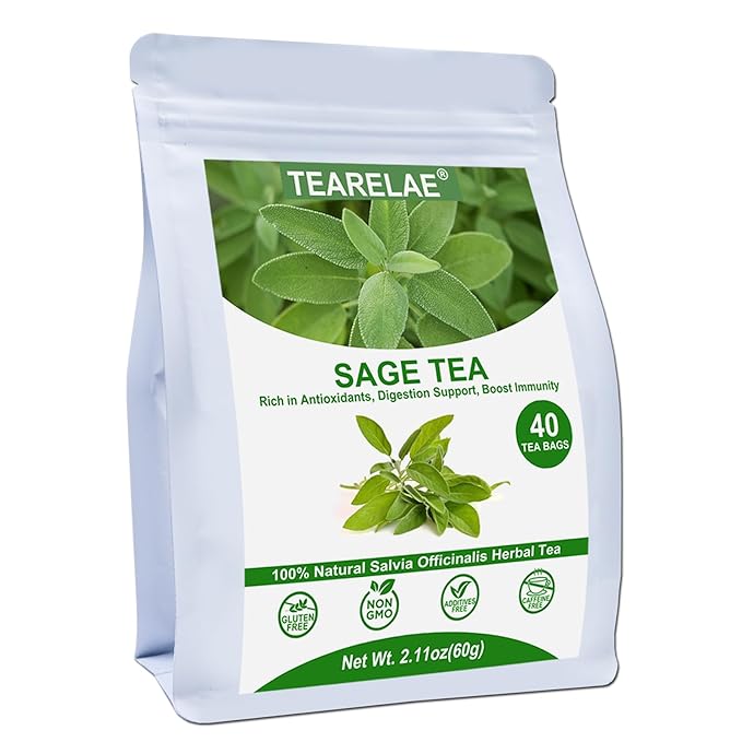 TEARELAE - Premium Sage Leaf Tea Bags - 1.5g x 40 Count - Natural Cut & Sifted Sage Herb Salvia Officinalis - Non-GMO - Caffeine-free - Digestion Support & Breath Support - Bloomnest