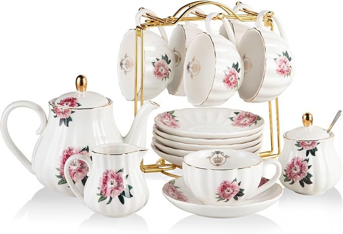 Porcelain Tea Sets British Royal Series, 8 OZ Cups & Saucer Service for 6, with Teapot Sugar Bowl Cream Pitcher Teaspoons and Tea Strainer, Suitable for High Tea, Wedding, Party - Bloomnest