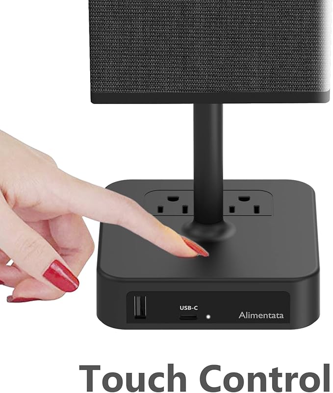 Bedside Table Lamp with Touch Control & USB C+A Charging Ports LED Desk Lamp with 2 AC Outlets, Minimalist Nightstand Light with Black Fabric Shade for Bedroom, Living Room, Office, Black - Bloomnest