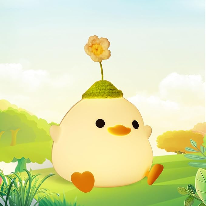 Attivolife Cute Duck Night Light, Animal Soft Silicone LED Lamp with Dimmable and Timer, Portable USB Rechargeable Bedroom Bedside Table Decor, Birthday Christmas Gifts for Girl Boy (Flower Hat) - Bloomnest