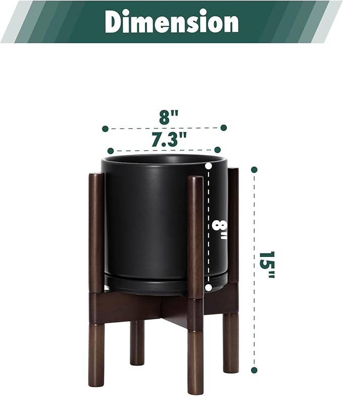 D'vine Dev Ceramic Planter with Walnut Color Stand - 8 Inch Modern Round Flower Pot with Wood Planter Holder, Black, 55-B-Y-2 - Bloomnest