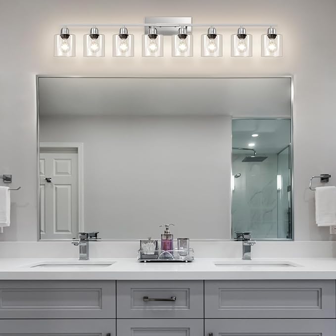 Modern Brushed Nickel 8 Light Bathroom Light Fixtures,52 inch Vanity Lights for Bathroom with Clear Glass for Mirror Kitchen Living Room Hallway Cabinet Porch - Bloomnest