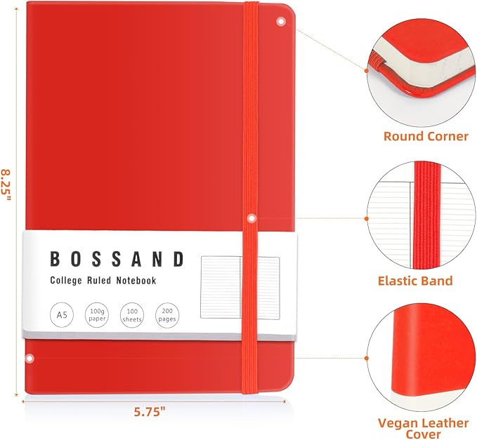 BOSSAND College Ruled Notebooks, 6 Pack A5 Lined Journal Notebooks, 200 Pages 100 GSM Thick Paper, Hardcover, 8.25 inches x 5.75 inches, Red - Bloomnest