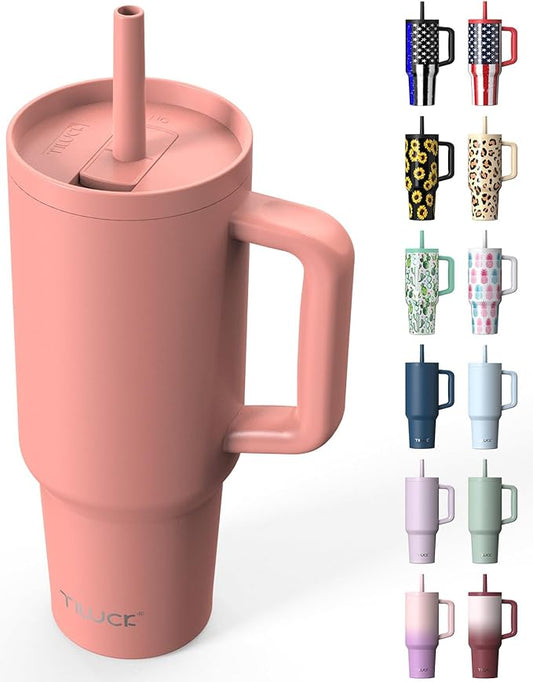 TILUCK 40 oz Tumbler with Handle, Vacuum Insulated Stainless Steel Travel Mug with 100% Leak-Proof Silicone Straw Lid, Cupholder Friendly Water Bottle(CoralRed, 40oz)