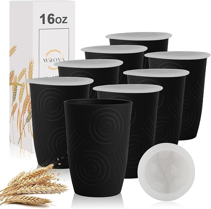 Wrova Wheat Straw Cups 16oz Set of 8 with Silicone Covers - Alternative Plastic Cups Reusable- Microwave & Dishwasher Safe - Unbreakable Plastic Drinking Cups for Camping - Black - Bloomnest
