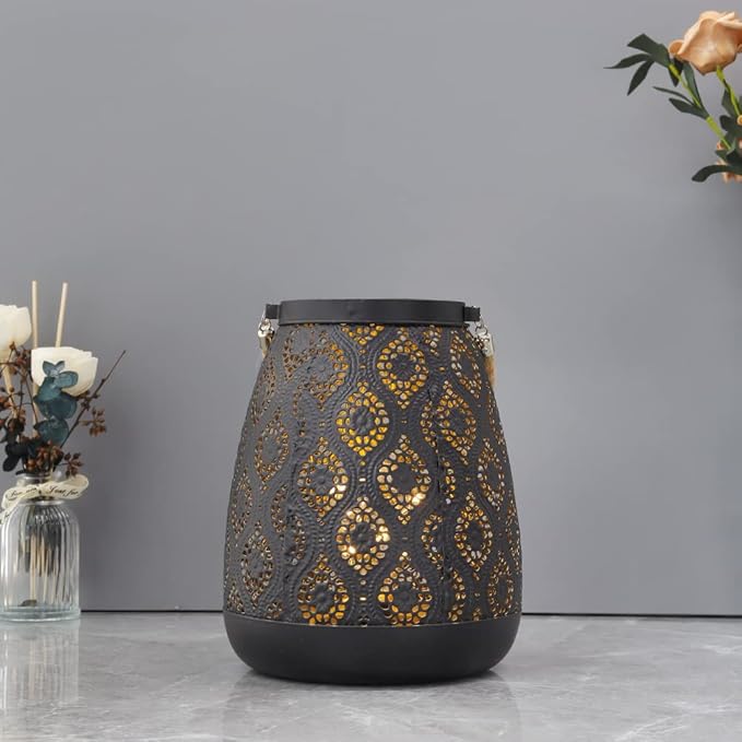 TRIROCKS Moroccan Style Metal Lamp 8''H Battery Operated Cordless Table Lamp Vintage Lantern for Living Room Garden Yard Patio Parties Event Indoors Outdoors (Black with Gold Brush) - Bloomnest