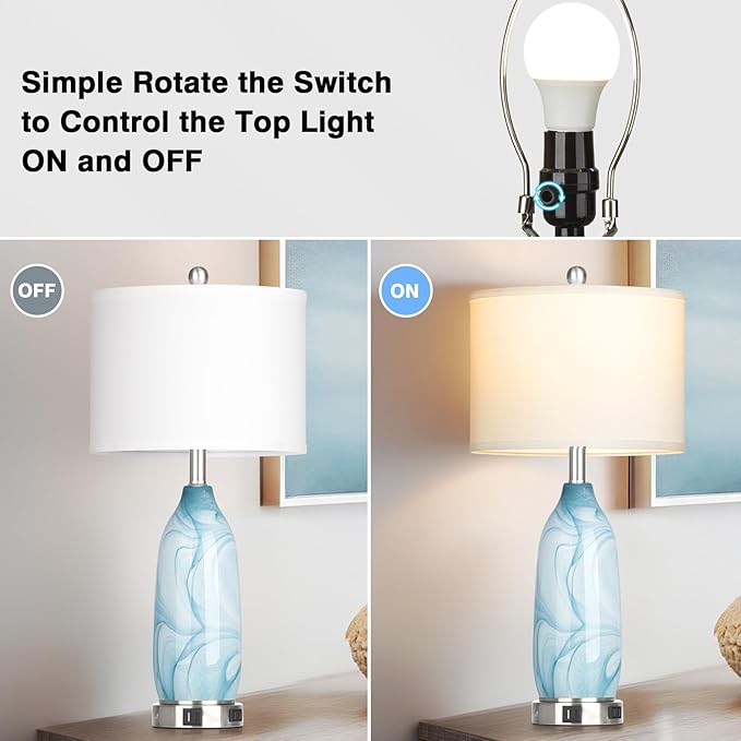 26" Coastal Glass Table Lamps Set of 2, Touch Control Bedside Lamp with USB A+C Ports and AC Outlet, Blue Lamp with Night Light for Nightstand Living Room Bedroom, 2 LED Bulbs Included - Bloomnest