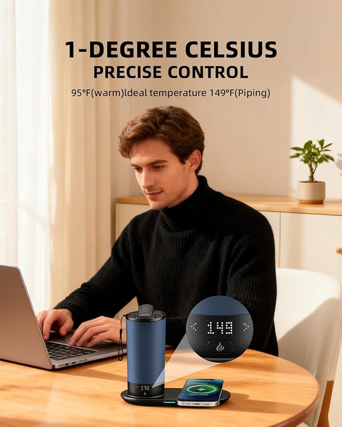 Temperature Control Heated Travel Mug Smart Self Heating Coffee Mug 20 Oz App Controlled LED Display coffee serving sets mug kept at a constant temperature for 4-10 hours (Slate Blue, 20 oz) - Bloomnest