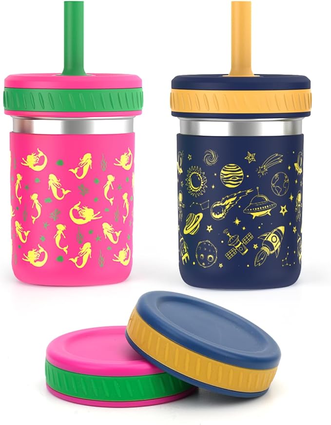 Sursip Toddlers Sippy Cups Stainless Steel Kids Cups with Straws and Lids | Spill-Proof Tumbler Drinks & Snacks, Smoothie Cups, BPA-Free, Dishwasher Safe,2 Packs - Bloomnest