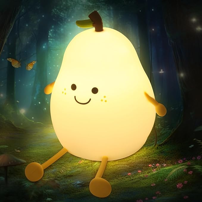 Night Light for Kids, 7 Color Changing BPA-Free Silicone Lamp with Touch Control, Eye Protection, Rechargeable Battery, Soft & Safe Nursery Lamp for Boys & Girls (Pear) - Bloomnest
