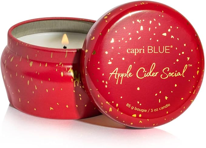 Capri Blue Glimmer Mini Tin - Apple Scented Candle with Mini Candle Holder - Soy Wax Blend - Capri Blue Apple Cider Social Red and Gold (3 oz) - Bloomnest