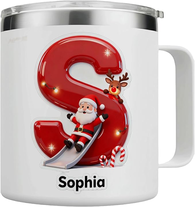 Personalized Christmas Insulated Coffee Mug with Handle – Custom Initial Letter [C] Double Wall Stainless Steel Travel Tumbler for Hot & Cold Drinks – Holiday Gift for Men,Women,&Kids(B113) - Bloomnest