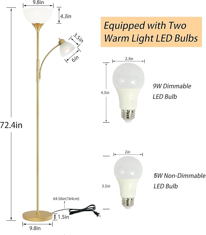Floor Lamp, Standing lamp, Stepless Dimming Brightness, Included 9W and 5W LED Bulbs, Lamp for Living Room, Bedroom, Office, Reading - Bloomnest