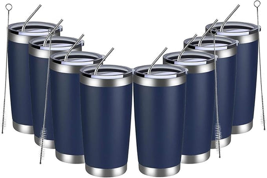 MEWAY 20oz Tumbler 8 Pack Double Wall Vacuum Insulated Travel Mug Bulk, Stainless Steel Tumblers with Lid and Straw, Durable Powder Coated Coffee Cups for Cold & Hot Drinks (Navy, 8) - Bloomnest