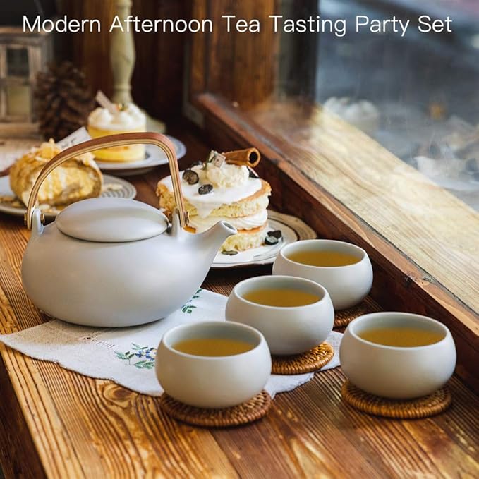 ZENS Vintage Japanese Tea Set, 27oz Ceramic Japanese Teapot with Infuser, Wood Handle Matte Gray Teapot with Strainers and 4 Cups for Tea Party, Women's Gift - Bloomnest