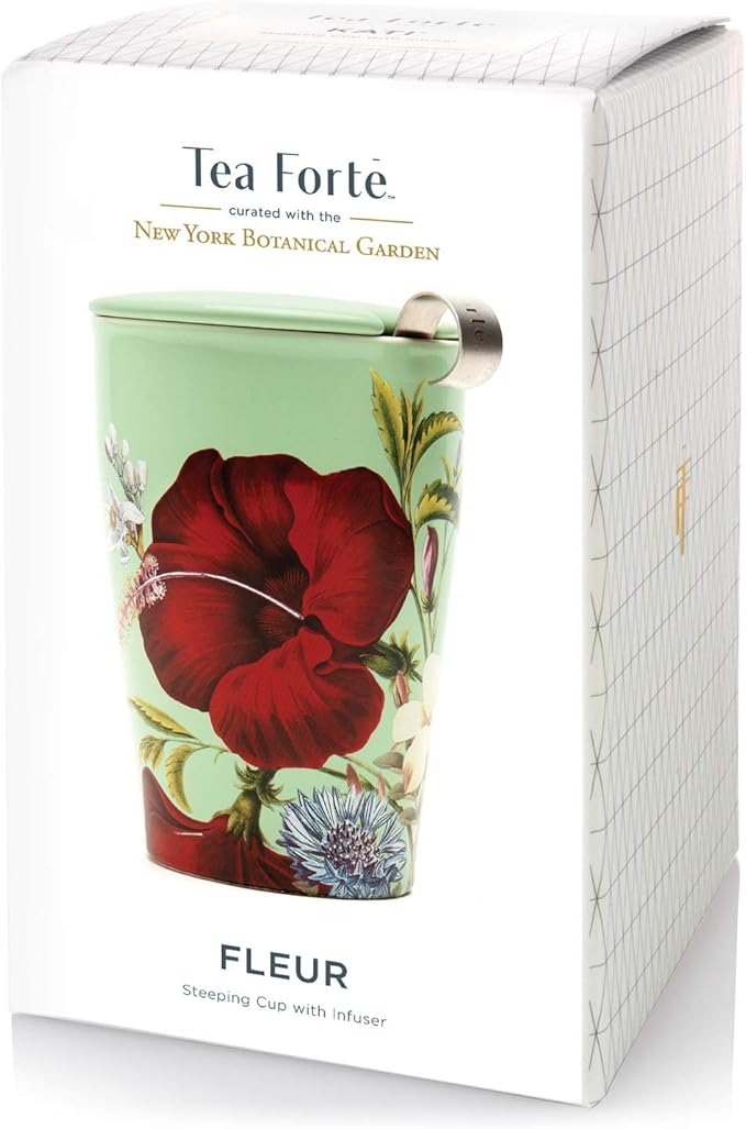 Tea Forte Double-Walled Ceramic Kati Cup, Removable Stainless Steel Infuser Basket and Lid, Steeps 12 oz Loose Leaf Tea, Dishwasher & Microwave Safe, Fleur - Bloomnest