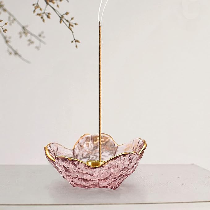 Incense Holder for Sticks and Backflow Incense, Handmade Glass Cherry Blossom Incenses Stick Holder with 9 Incenses Holes Incenses Burner Ash Catcher Ideal for Incense Burning, Home & SPA Decor - Bloomnest