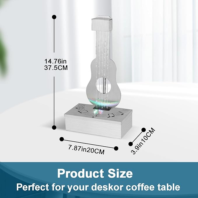 Indoor Tabletop Fountain with 3-Color LED Lights, 304 Stainless Steel Guitar-Shaped Desktop Meditation Waterfall for Home & Office Décor, Relaxing Water Feature Air-Purifying Gift