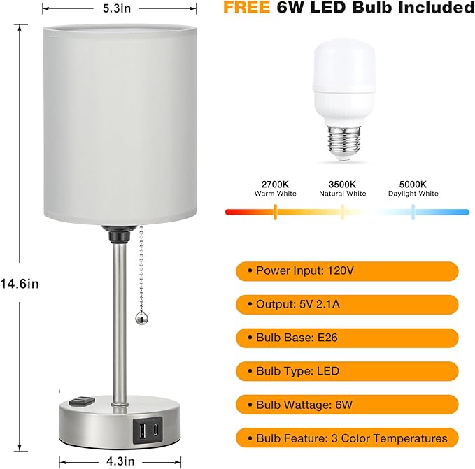Grey Bedroom Lamp for Nightstand - 3 Color Temperature Table Lamp with USB C and A Ports, Pull Chain Bedside Lamp with AC Outlet, Desk Lamp with Silver Metal Base for Kids Girls - Bloomnest