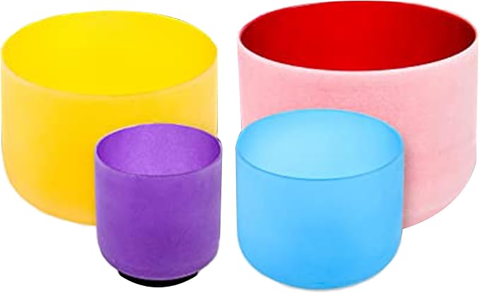 FMTY Singing Bowl Perfect Pitch 6B+8G+10E+12C Crystal Singing Bowl with Carrying Bag, Crystal Mallet, O-Ring Pure Quartz Crystal Sound Bowl for Meditation, Yoga, Spiritual Healing (Set of 4, Colored) - Bloomnest