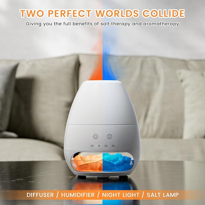 Ultrasonic Essential Oil Diffuser with Himalayan Salt Rock,Flame Diffuser with 2 Color Light,Aromatherapy Oil Diffuser with Auto Off Function for Home, Office,Spa,100ML - Bloomnest