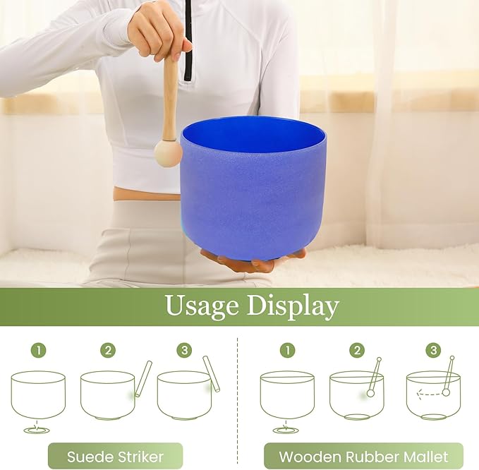432HZ 8 Inchs A Note Indigo Frosted Crystal Singing Bowl for Meditation Healing Yoga Chakra Quartz Crystal Sound Bowls with Heavy Duty Carry Case and Rubber Mallet,Suede Striker,O-rings - Bloomnest