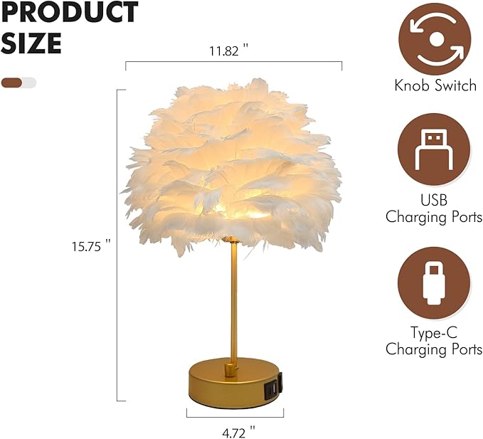 ZYLEIESENBAO Chic White Feather Lamp with USB Charging Port Modern Feather Table Lamp Cute Romantic Bedside Nightstand Light for Girl Room Childrens Room Living Room Entry Wedding Decoration - Bloomnest