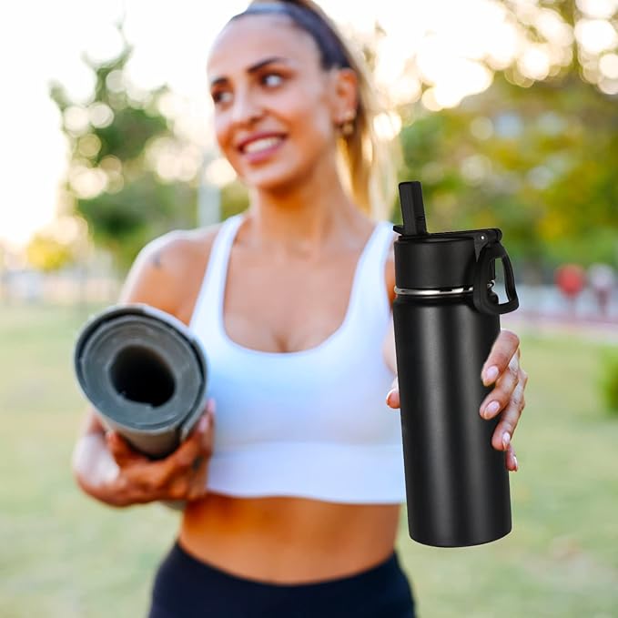 Volhoply 16 OZ Kids Water Bottle Bulk 4 Pack,Insulated Sports Bottles with Straw Lid,Stainless Steel Bottle with Handle Keep Cold & Hot,Double Wall Vacuum Tumbler Cups for School,Girls(Black, 4) - Bloomnest