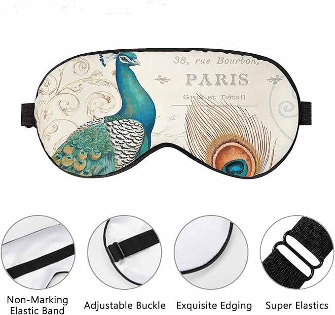 Peacock Flowers Sleep Eye Mask Vintage Feather Letter Green Brown Men Women Sleep Mask with Adjustable Strap Eye Cover Eye Shade for Travel, Nap,Meditation - Bloomnest