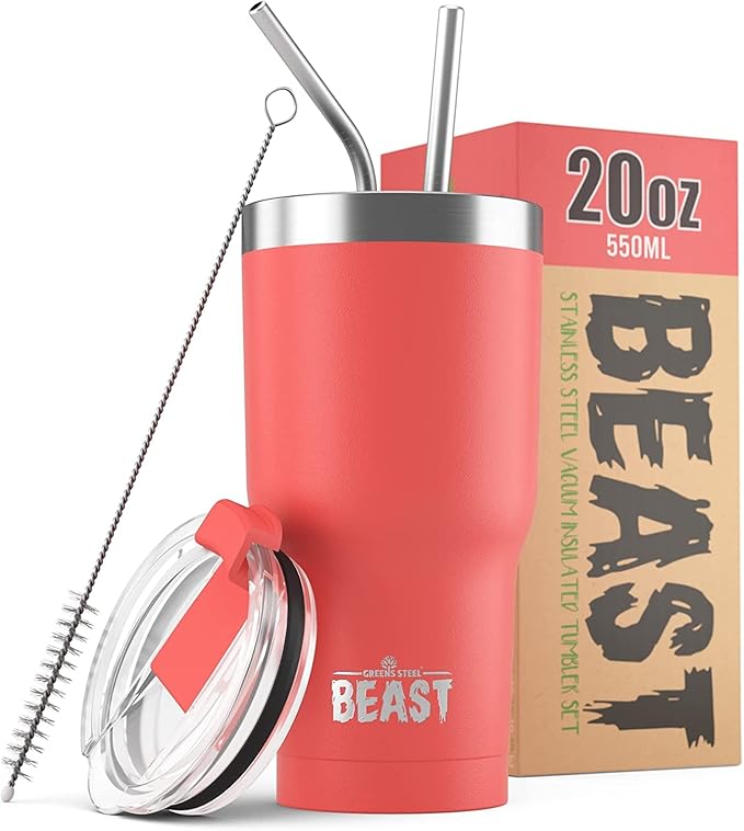 Beast 20 oz Tumbler Stainless Steel Vacuum Insulated Coffee Ice Cup Double Wall Travel Flask (Coral Pink) - Bloomnest