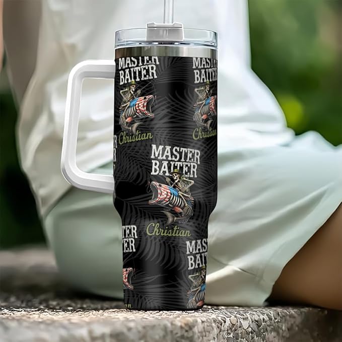 Funny Fishing Dad Tumbler with Handle and Straw, Custom Fisherman Gift with Pirate Fish Design, Personalized Present for Father Who’s a Bait Master - Bloomnest