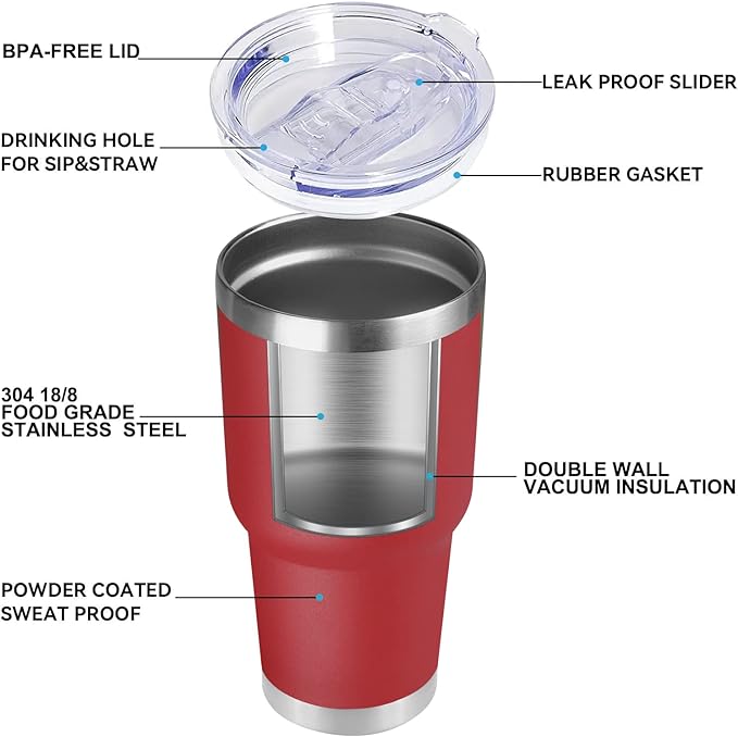 DOMICARE 30 oz Tumbler with Lid and Straw, Stainless Steel Tumblers Bulk, Insulated Vacuum Double Wall Travel Coffee Mug, Durable Powder Coated Tumbler Cup (Red, 1)