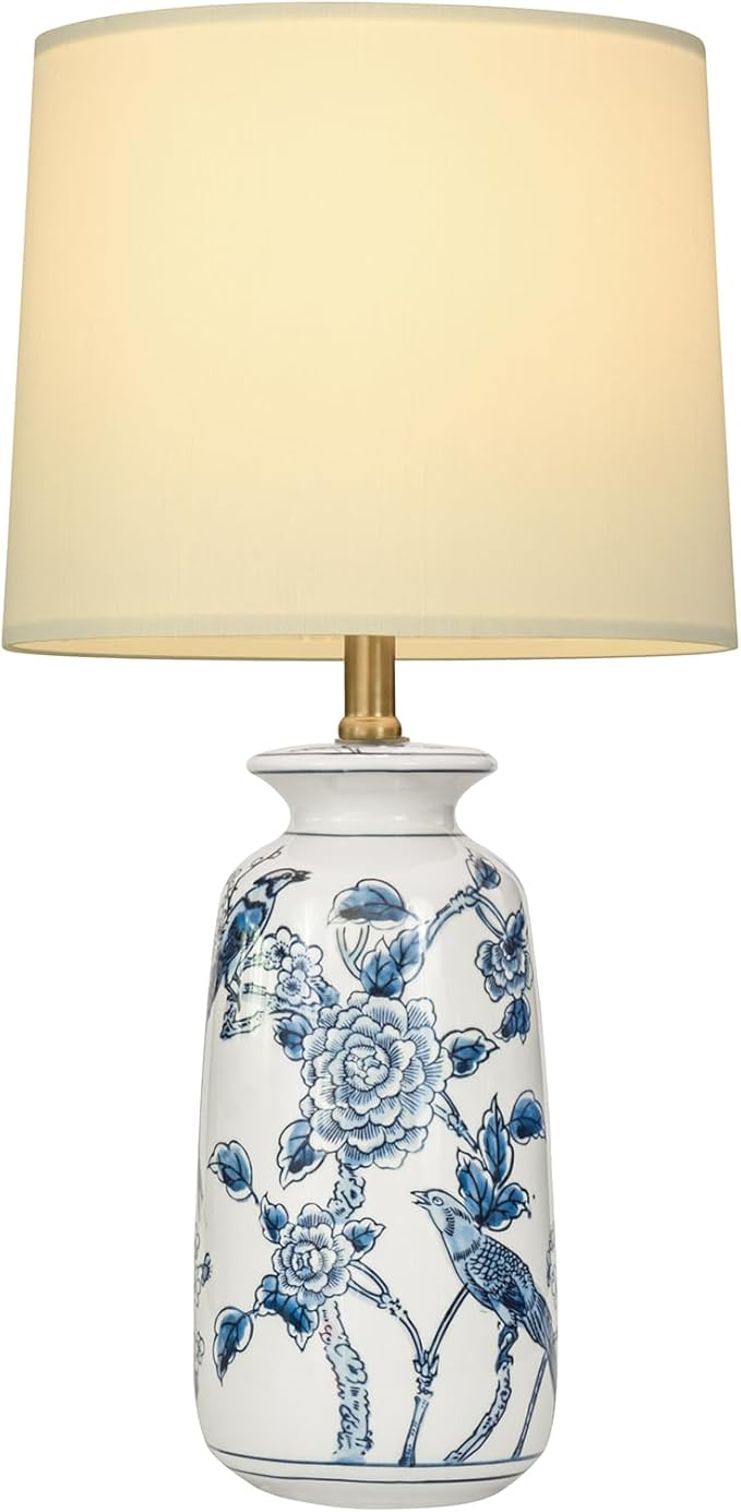 24.25" Blue Ceramic Table Lamp for Living Room, Classic Blue and White Lamp for End Table, Blue Birds and Flowers Lamps, Traditional China Nightstand Lamp for Bedroom - Bloomnest
