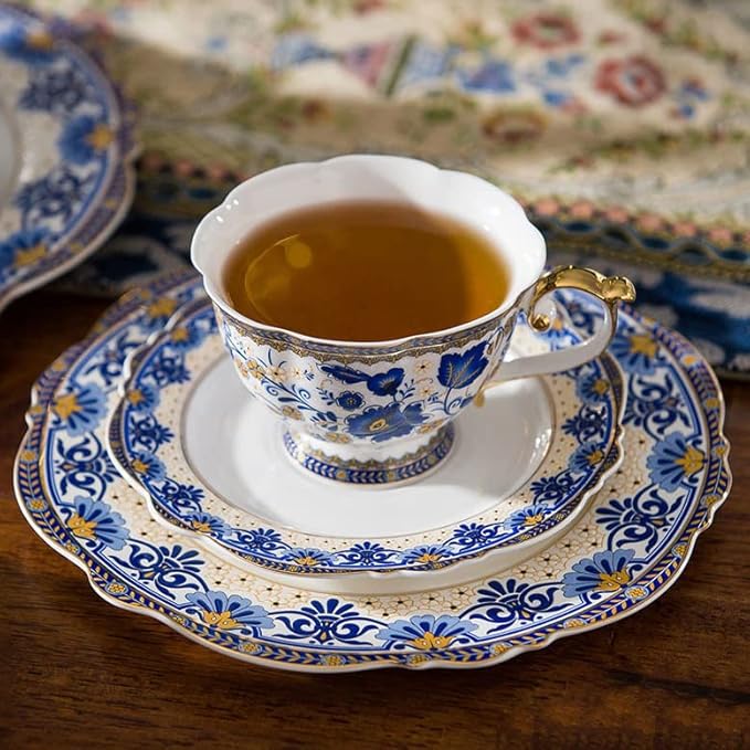 ACMLIFE Bone China Tea Cups and Saucers, 6.8 oz Tea Cup and Saucer Set, with Gold Trim and Gift Box, Blue and White (Blue-D) - Bloomnest