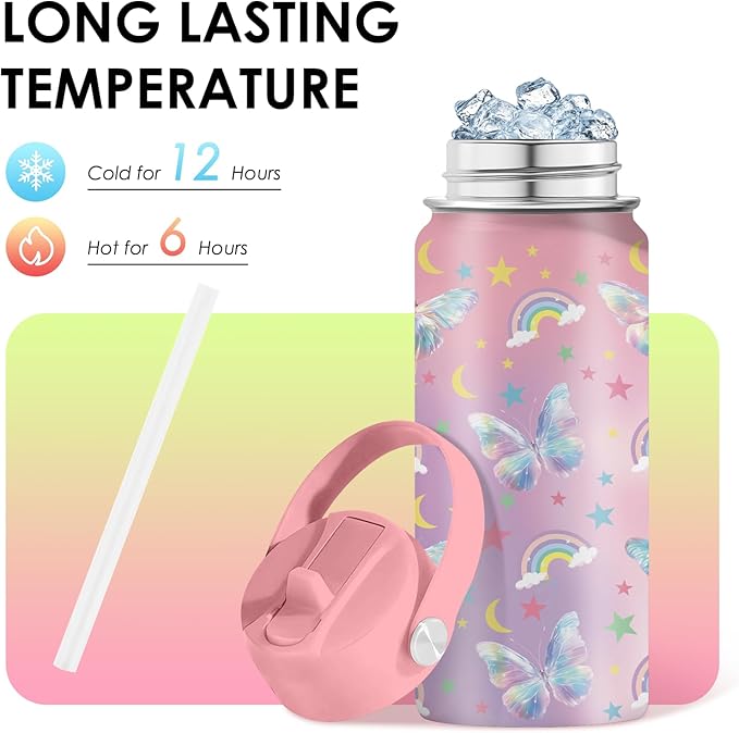 Butterfly Gifts - 16oz Pink Kids Water Bottle with Straw Lid, Stainless Steel Insulated Tumbler, Leakproof, BPA-Free, for Girls, School, Travel - Butterfly Rainbow Themed Birthday Gift Cup (1pc) - Bloomnest