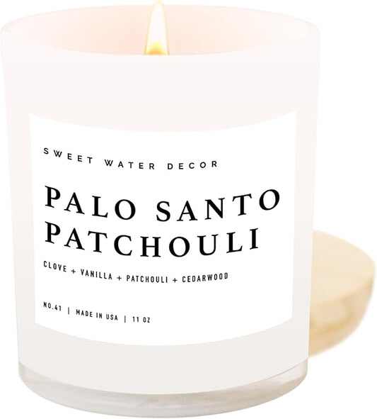 Sweet Water Decor Palo Santo Patchouli Candle - Soy Clove, Vanilla, Cedarwood, Patchouli Scented Spa Candle for Home - 11oz White Jar with Wood Lid, 50+ Hour Burn Time, Made in The USA - Bloomnest