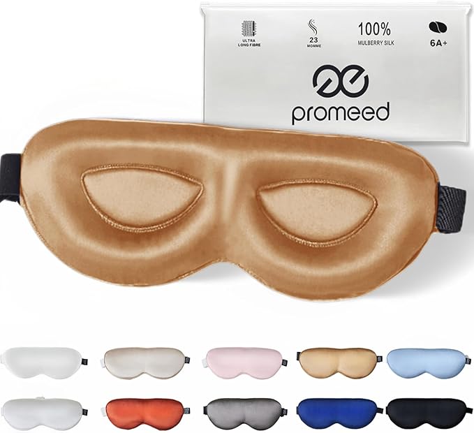 PROMEED Adjustable 23 Momme Mulberry Silk Sleep Mask, 3D Contoured No-Pressure Cup Eye Mask for Sleeping, Super Soft Breathable Blindfold, Perfect Blocks Light for Sleeping (Gold) - Bloomnest