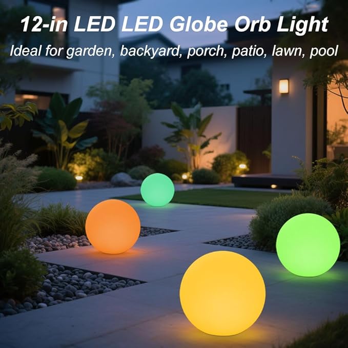 12-inch LED Glowing Ball Light w/Remote, LED Globe Orb Night Light Mood Lamp for Kid Adult, Rechargeable Dimmable RGB Color Changing Glowing Orb, Waterproof Light Up Ball for Garden Patio Party Decor - Bloomnest