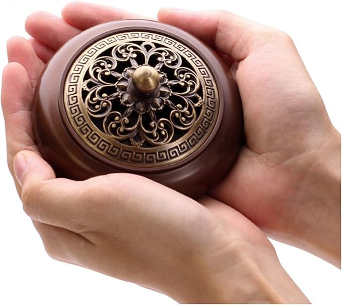 Copper Incense Burner, with Incense Stick Holder & Fire Cotton Lotus Incense Holder Cone Coil Incense Burner Ash Catcher with Lid for Indoor Ornament Handicraft Gifts - Bloomnest