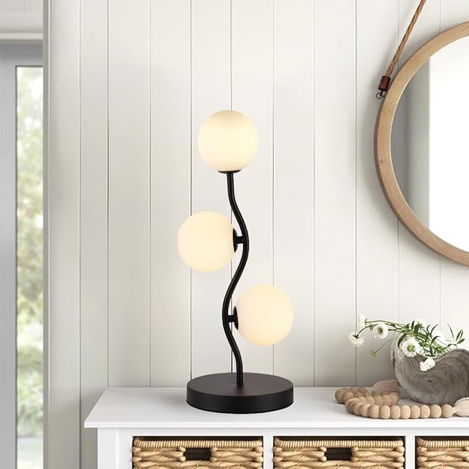 3-Light Curve Black Globe Table Lamp Mid Century Flower Beside Desk Table Light with Milk White Glass Shade Metal Base Nightstand Lamp for Bedroom Bedside - Bloomnest