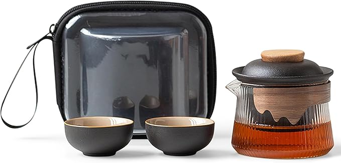 fanquare Ceramic Tea Pot Set for 2 Porcelain Kung Fu Tea Set with Mini Teacups Tea Infuser Portable Handbag for Travel Tea Pot with Wooden Protection Layer, Black - Bloomnest
