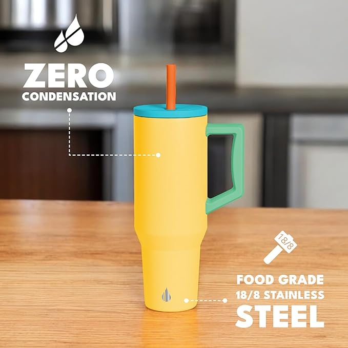 Elemental 40 oz Tumbler with Handle and Straw - Spill Proof Insulated Stainless Steel Commuter for Hot and Cold Beverages - Travel Coffee Mug with 2 Straws & Spill Proof Lid - 40oz - Lemon Zest - Bloomnest