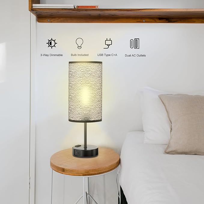 Table Lamp for Bedroom with Touch Control,Bedside Lamp with USB C+A Charging Ports& AC Outlets, Adjustable 3color LED Light for Home Decor/Nightstand/Bedroom/Office,Included Bulb - Bloomnest