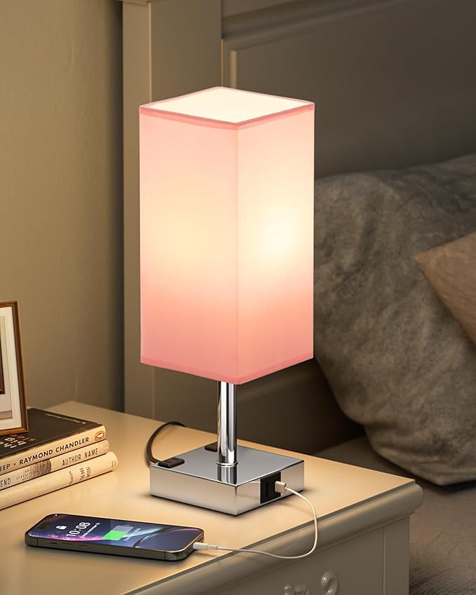 Touch Bedside Table Lamp for Nightstand - 3-Way Dimmable Night Lamp with USB A + Type C Charging Ports and Two AC Outlets, Small Desk Light with E26 LED Bulb for Bedroom Living Room Dorm Office, Pink - Bloomnest