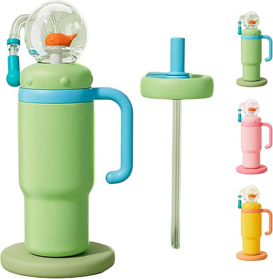 Drinking Cup With Whale Squirt, 24oz Whale Water Bottle with Handle, Insulated Stainless Steel Whale Water Cups With Two Silicone Soft Tip, Leak-Proof Whale Fountain Bottle for Kids Teens (Green) - Bloomnest